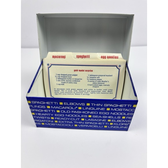 Vintage MUELLER'S PASTA Tin Metal Recipe Box Dated 1980 With Recipe Cards - Picture 9 of 16